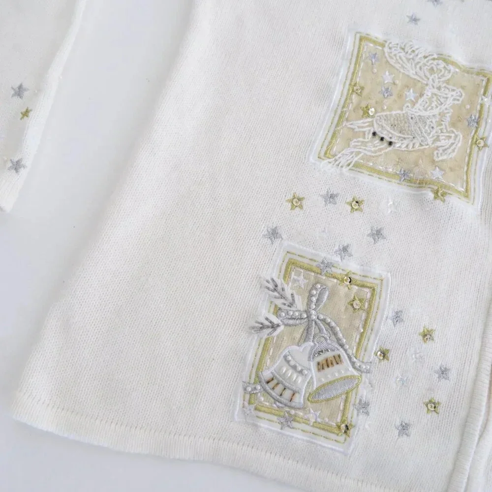 Vintage Tiara Cream Ugly Christmas Beaded Reindeer Zip Up Cardigan Sweater XL - Picture 10 of 16